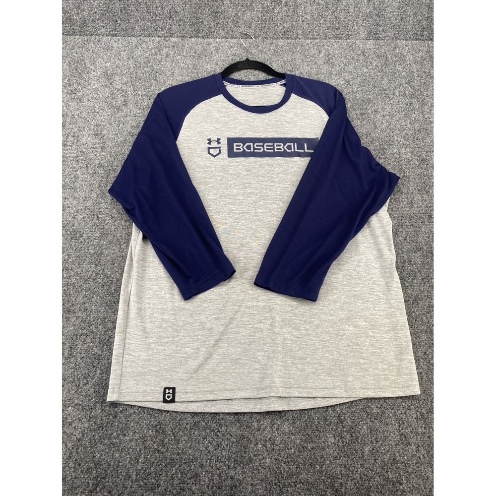 Under Armour Baseball Shirt Mens Large Gray Navy 3/4 Raglan Sleeve Loose Fit Tee